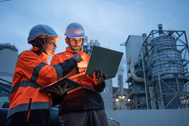 Energy-sector professionals reviewing information on a laptop at an industrial facility
